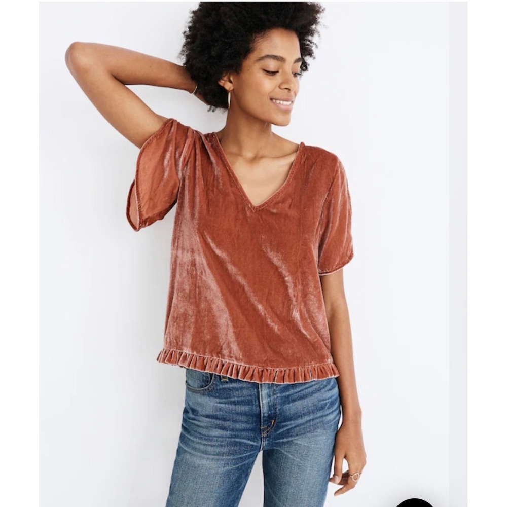 Madewell Velvet Tulip Sleeve Ruffle Top Afterglow Red V-Neck Blouse Medium